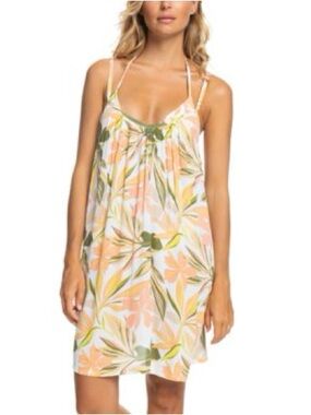 Roxy Peach and Green Floral Spaghetti-Strap Swim Coverup